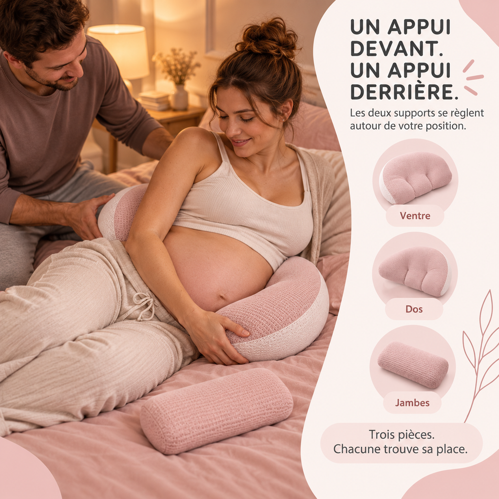 Couple positionnant les deux appuis rose poudré du coussin de grossesse Portiboo