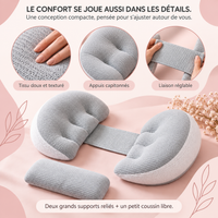 Détails du tissu, du capitonnage et de la liaison réglable du coussin Portiboo gris