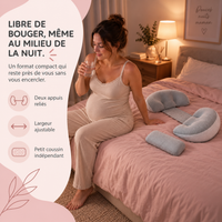 Future maman se relevant la nuit avec le coussin compact Portiboo prêt sur le lit